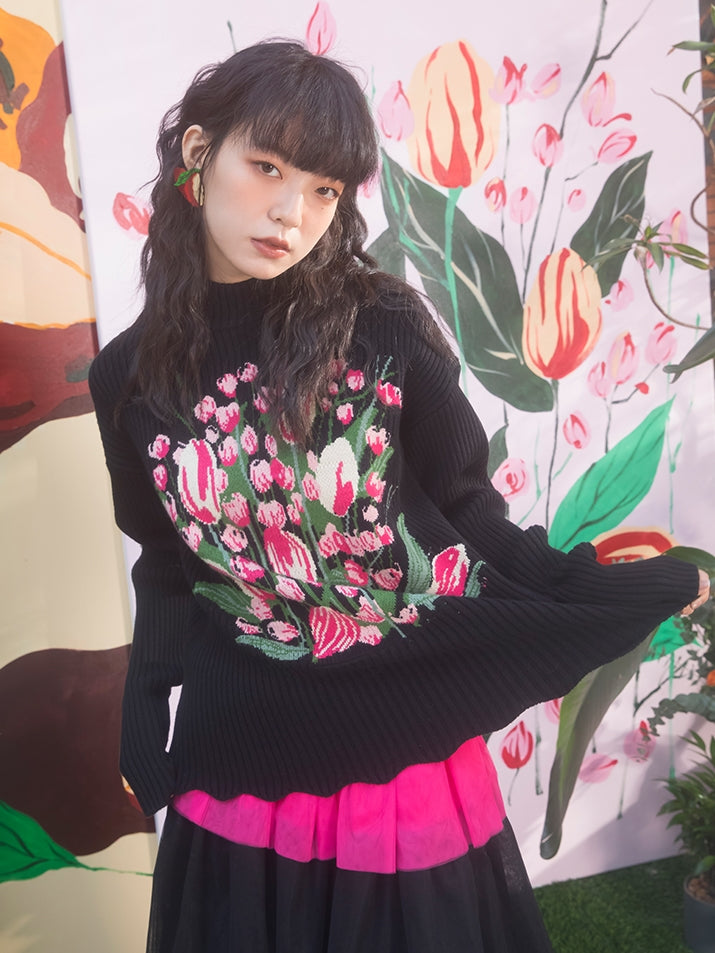Tulip Pattern Half Turtreneck Loose Sweater
