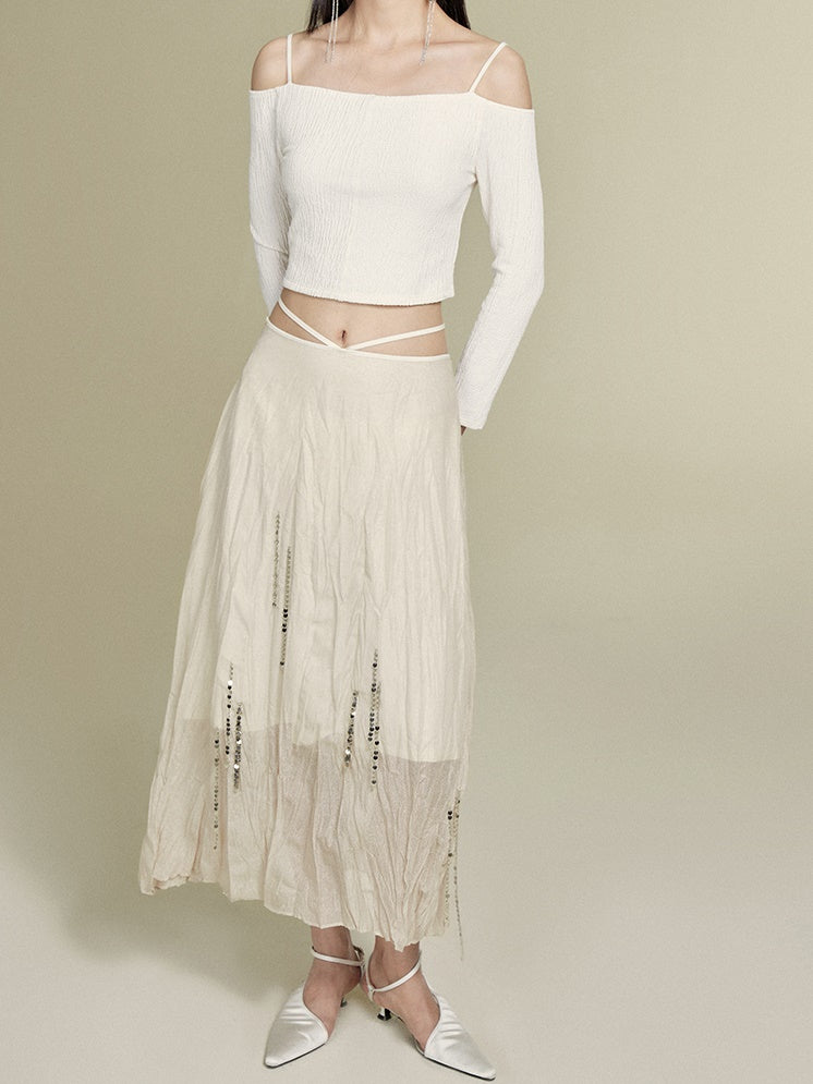Silver Chain Decoration Sheer Wrinkled Skirt