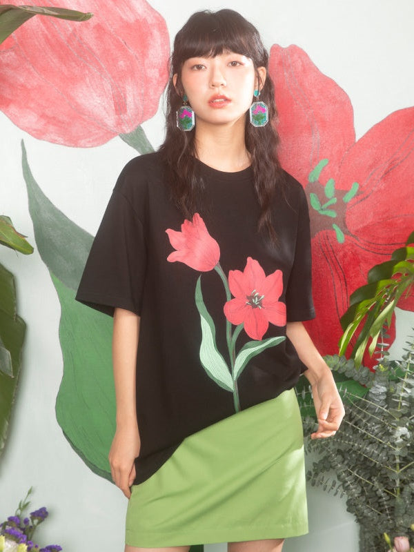 Tulip Print Drop Shoulder T-Shirt