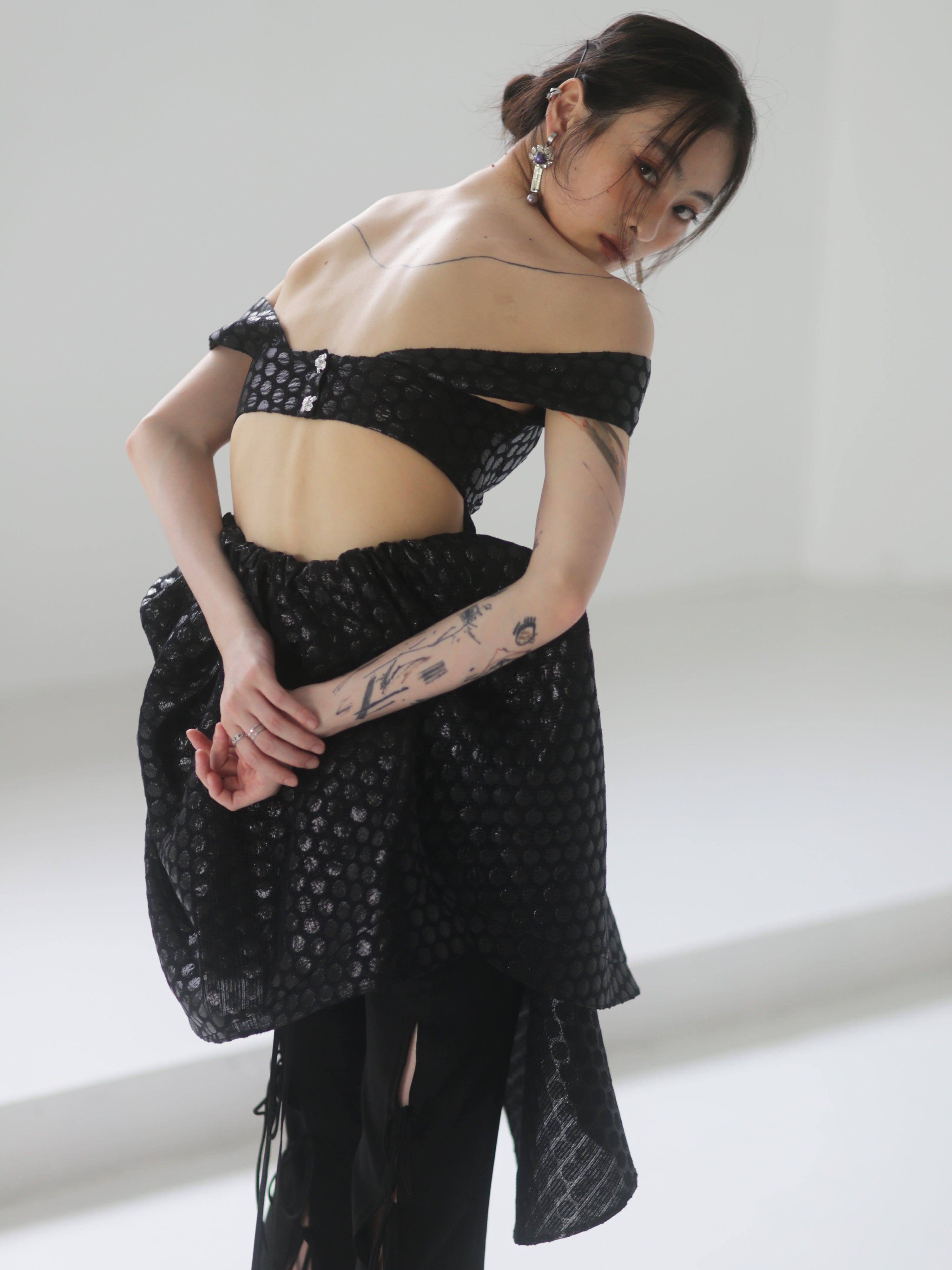 Jacquard Polka Dot Metallic Gloss Black Kleid