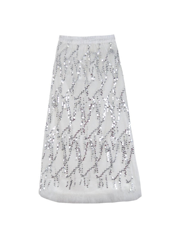 SEQUINED MESH IRREGULAR BLOUSE & SEQUINED SKIRT