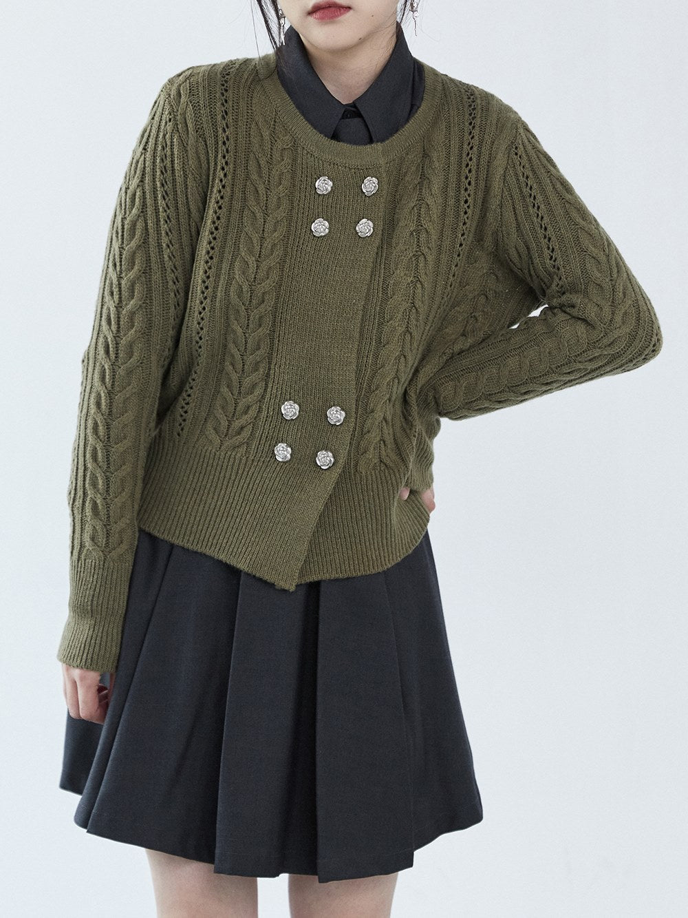 Double-breasted Round Neck Cable Cardigan