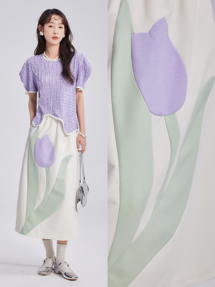 Tulip Bow Short-Sleeed Top & Skirt