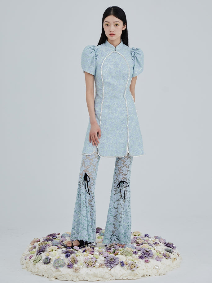 꽃 새싹 슬리브 새로운 중국 드레스