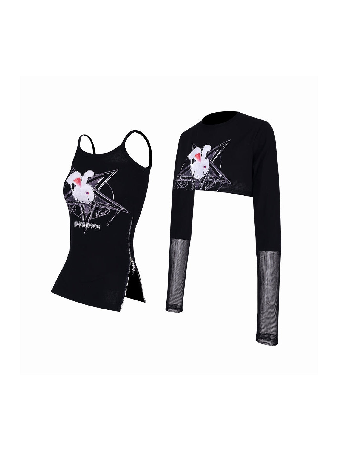Rock Rabbit Stitching Mesh T-Shirt & Camisole Set