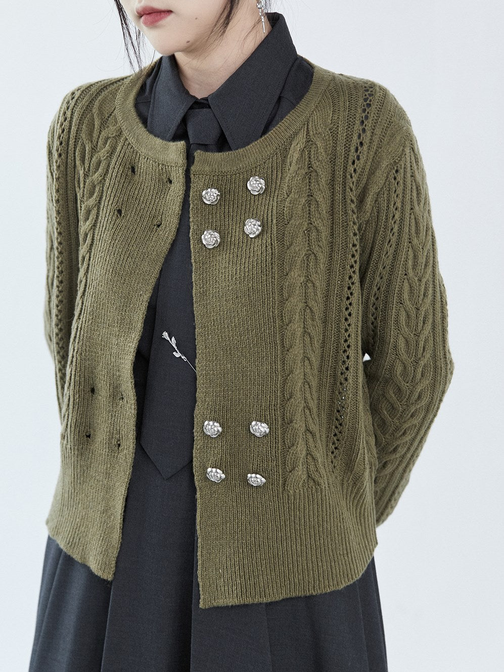 Double-breasted Round Neck Cable Cardigan