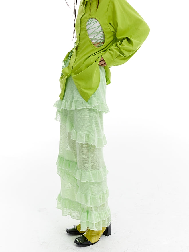 다층 장거리 니트 레이스 스커트