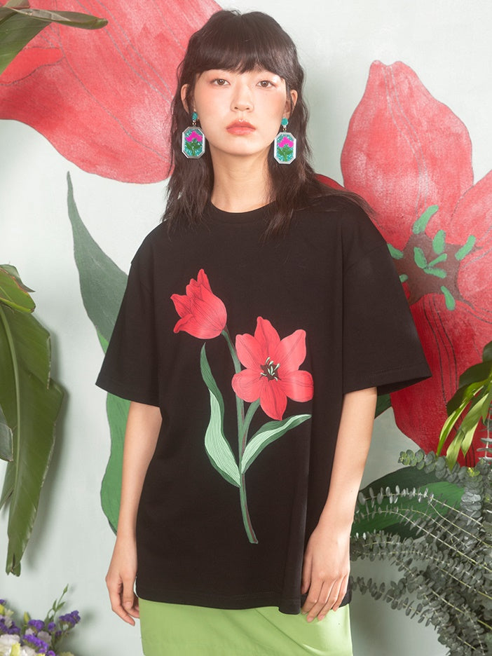 Tulip Print Drop Shoulder T-Shirt