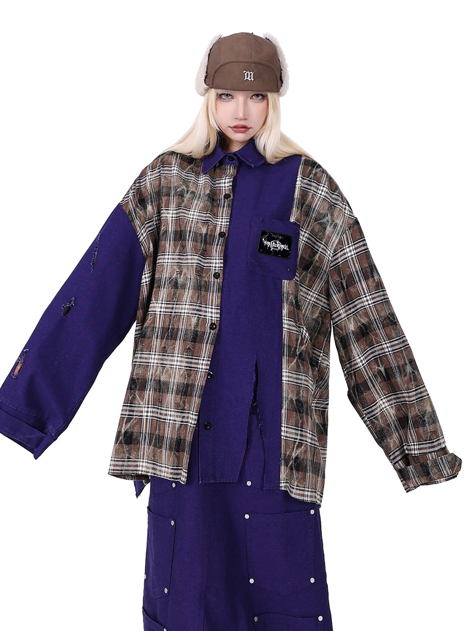 스티칭 격자 무늬 슈퍼 컷 느슨한 셔츠