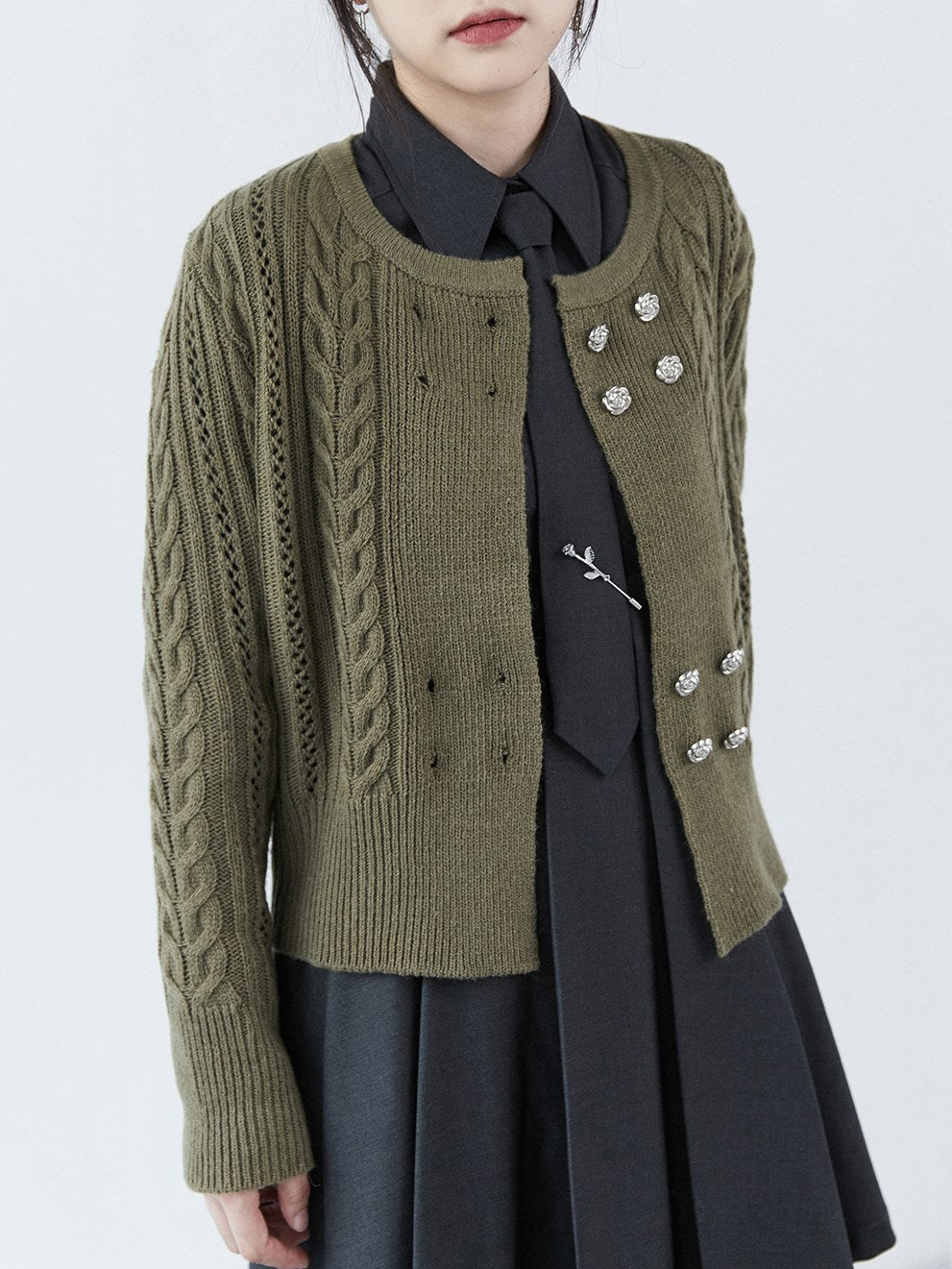 Double-breasted Round Neck Cable Cardigan