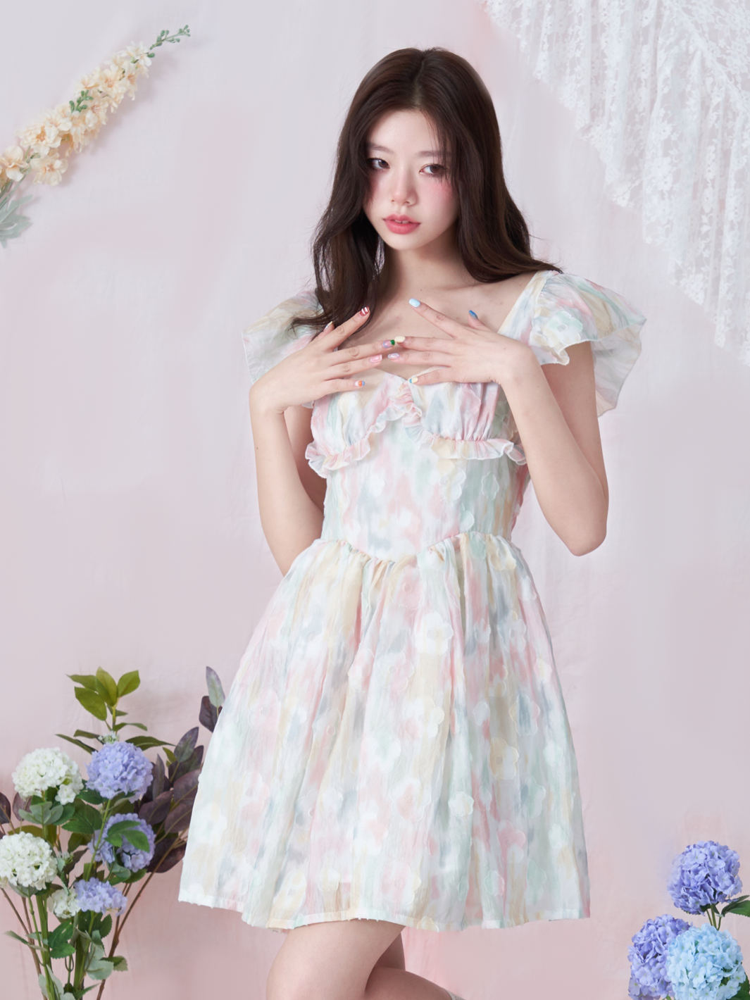 넥타이 염색 프릴 달콤한 꽃 원피스