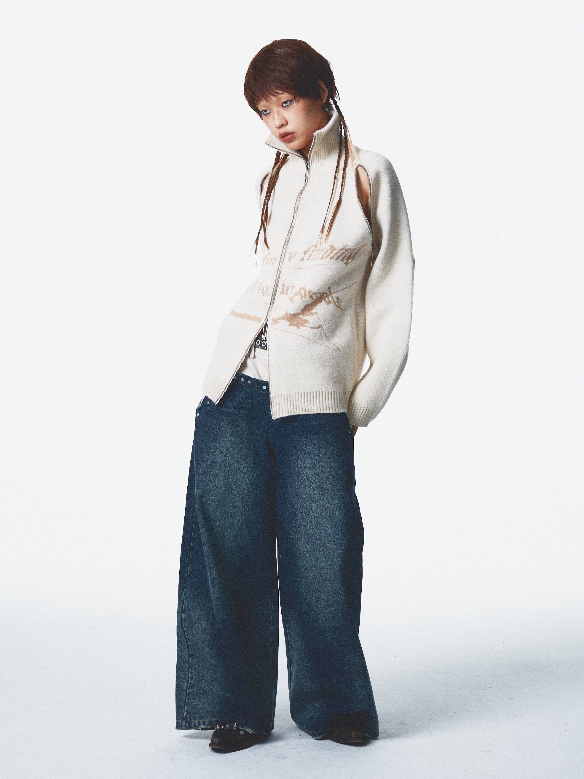 Ultra-high Collar Double Zipper Hole Sweater Jacket