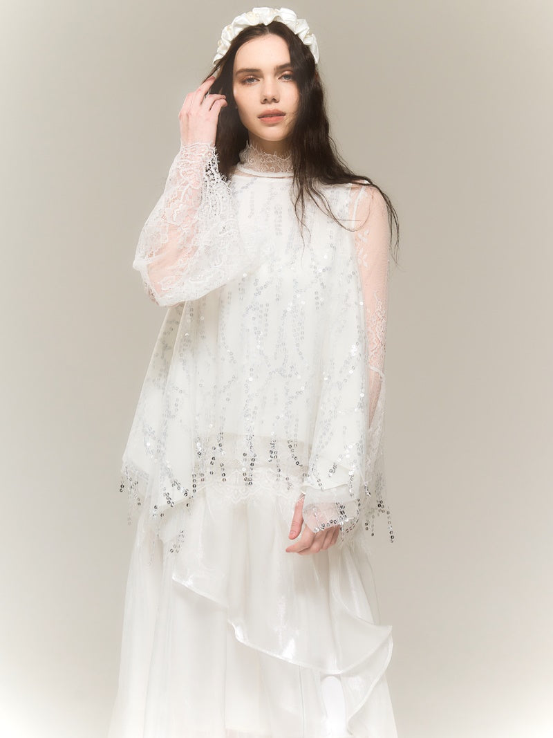 SEQUINED MESH IRREGULAR BLOUSE & SEQUINED SKIRT