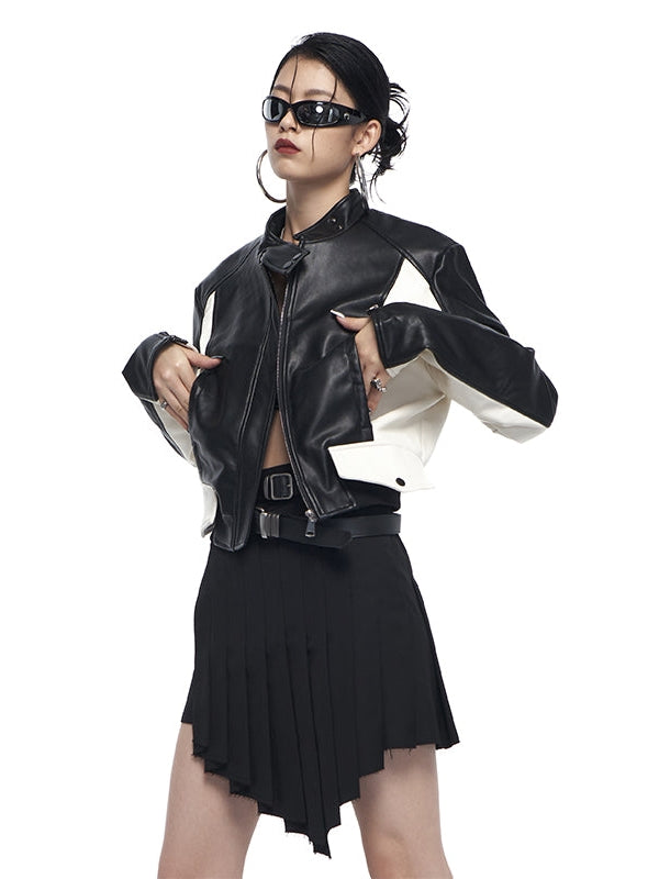 Contrast Color Stand Collar Short Leather Jacket
