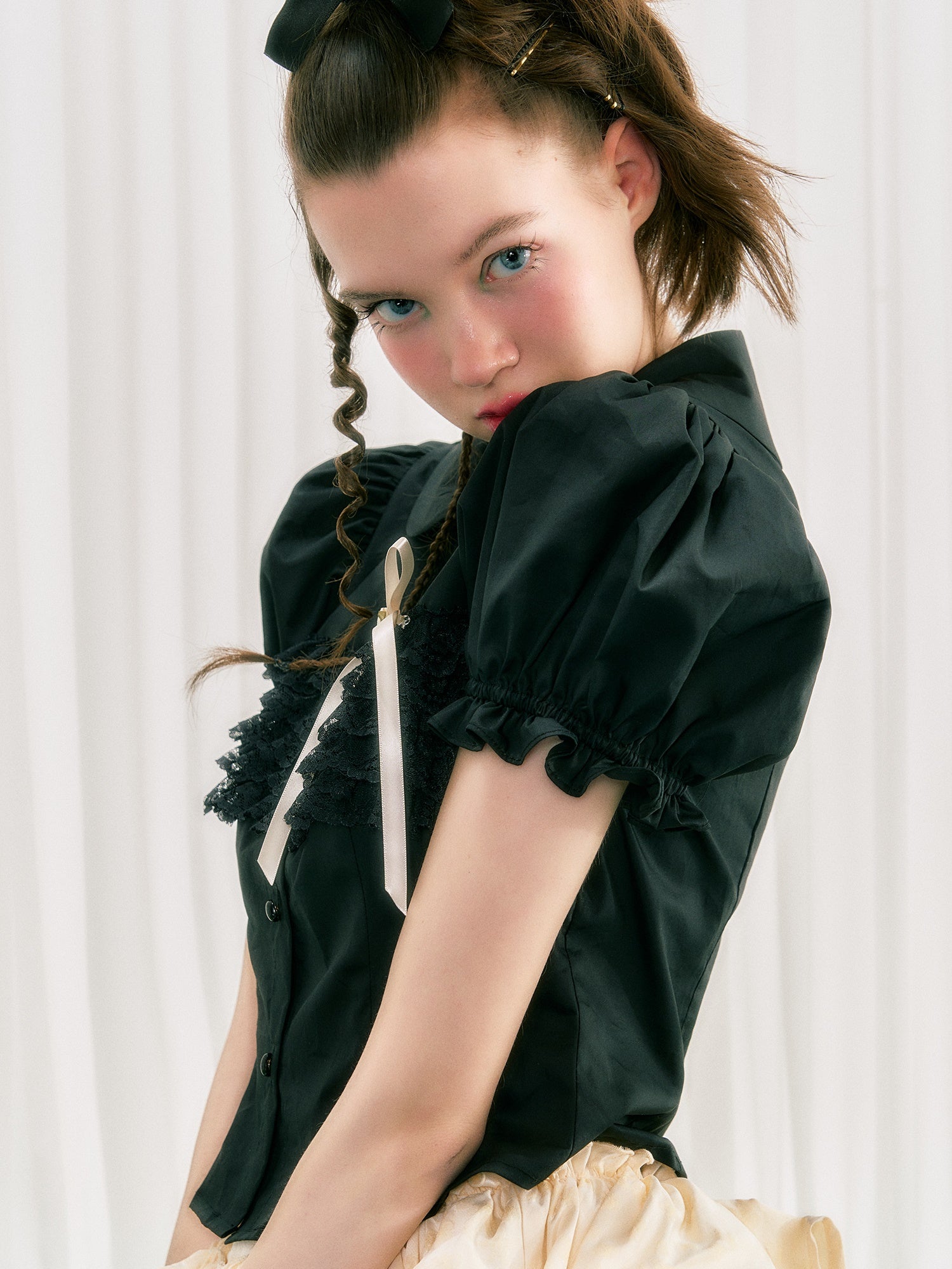 달러 칼라 레이스 장식 플로치 셔츠