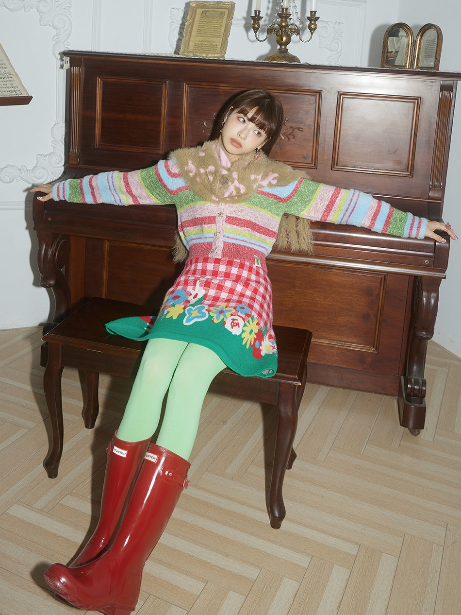 Plaid Plüschbärenblume -Strickpullover & Rock