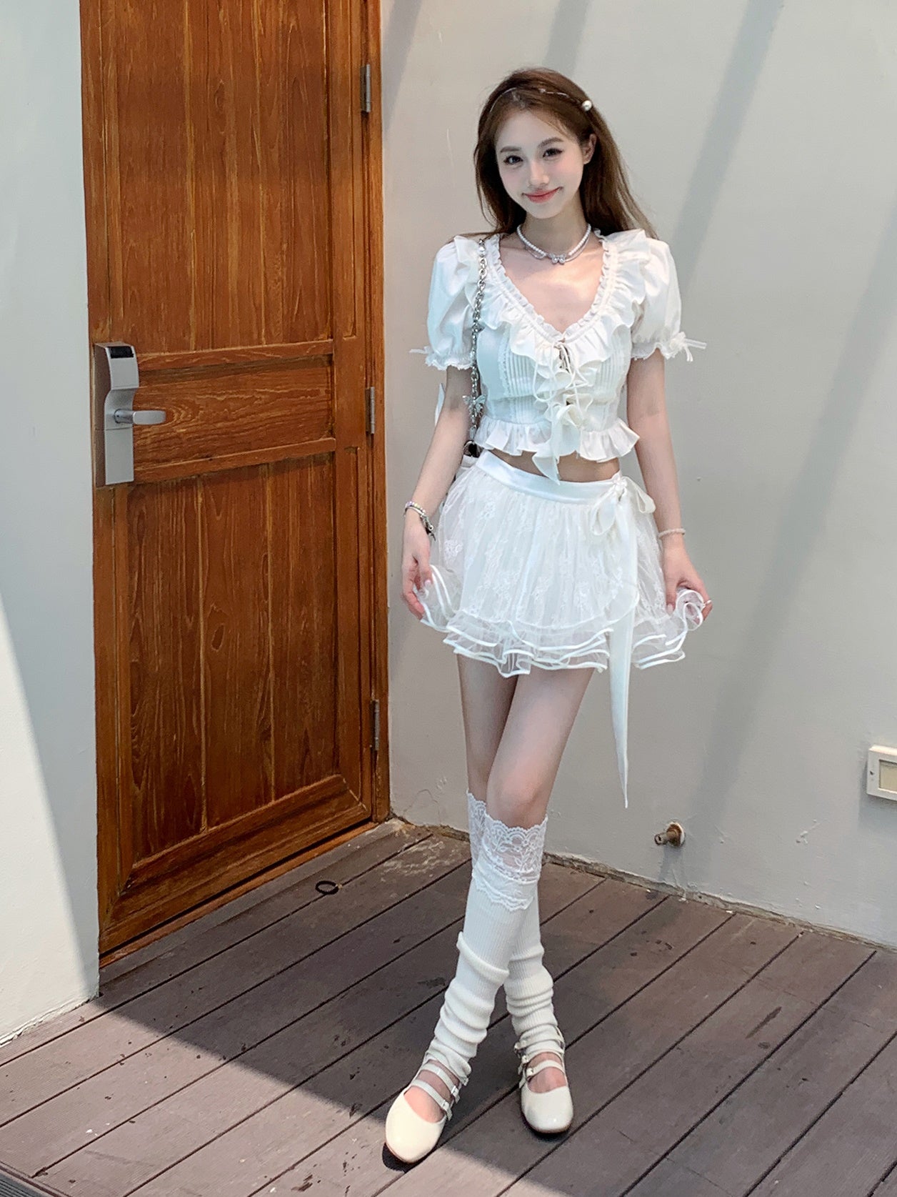 내부 바지가있는 레이스 메쉬 투투 스커트