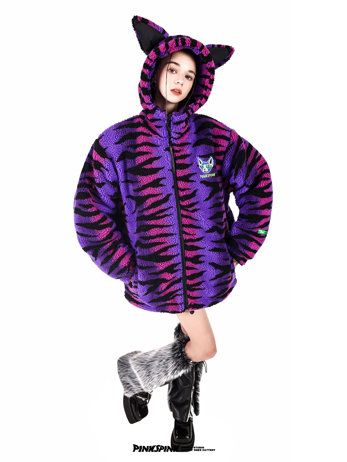 고양이의 호랑이 보아 오버 사이즈 블루슨