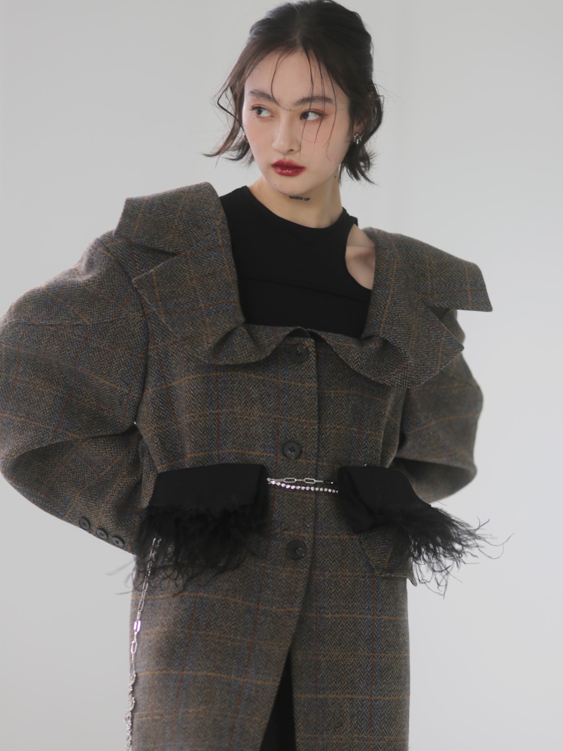 THREE-DIMENSIONAL GENEROUS COLLAR PLAID WOOL LONG COAT