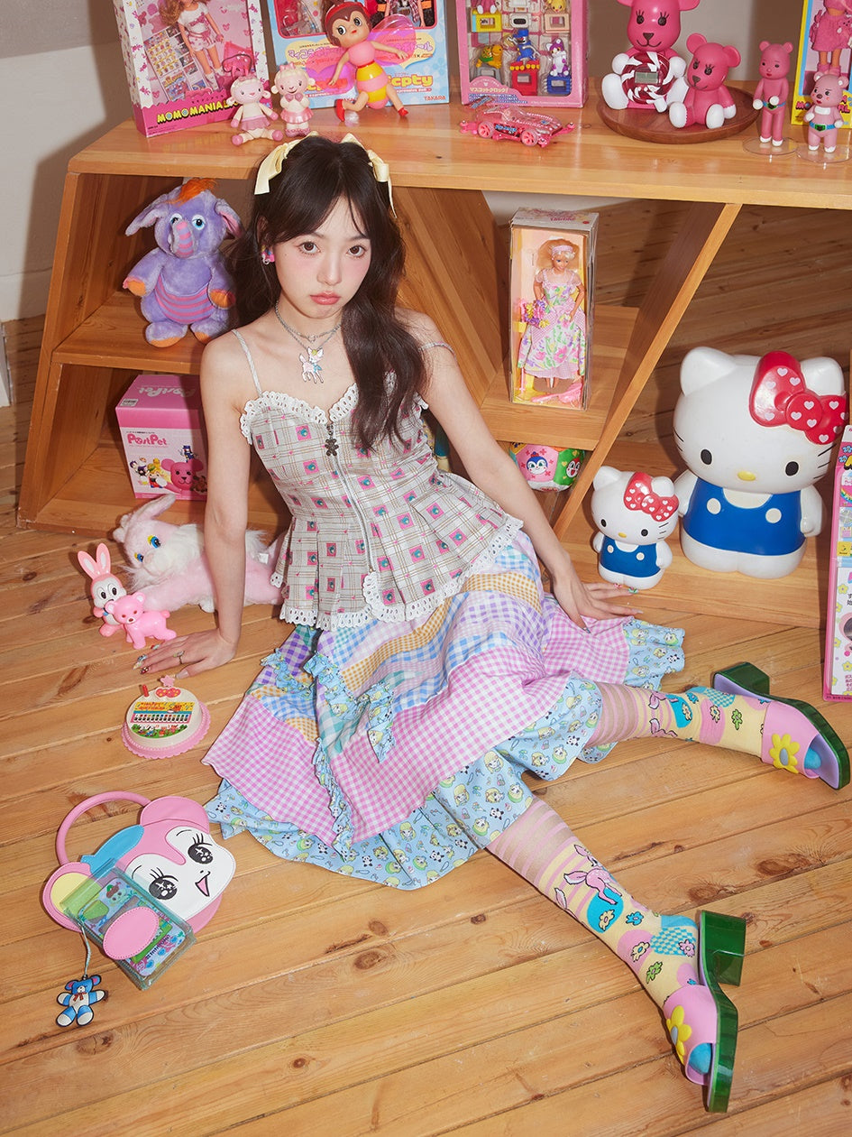 Plaid Stitching Ruffle Puff Skirt