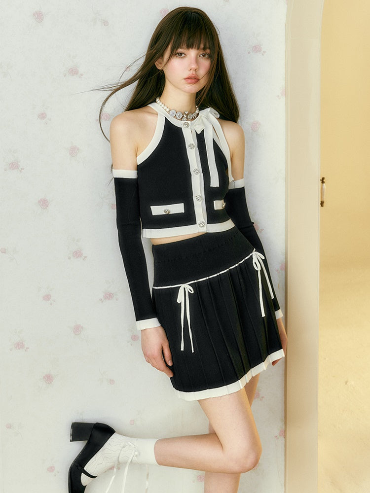 Contrast Color Sleeveress Knitted Top & PLEATED SKIRT & SLEEVE