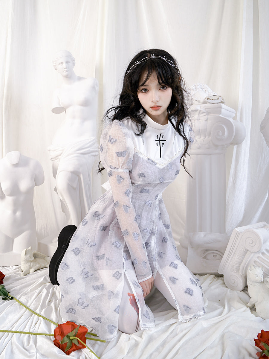 나비 교차 고딕 레이스 플레어 깎아 지른 일체형