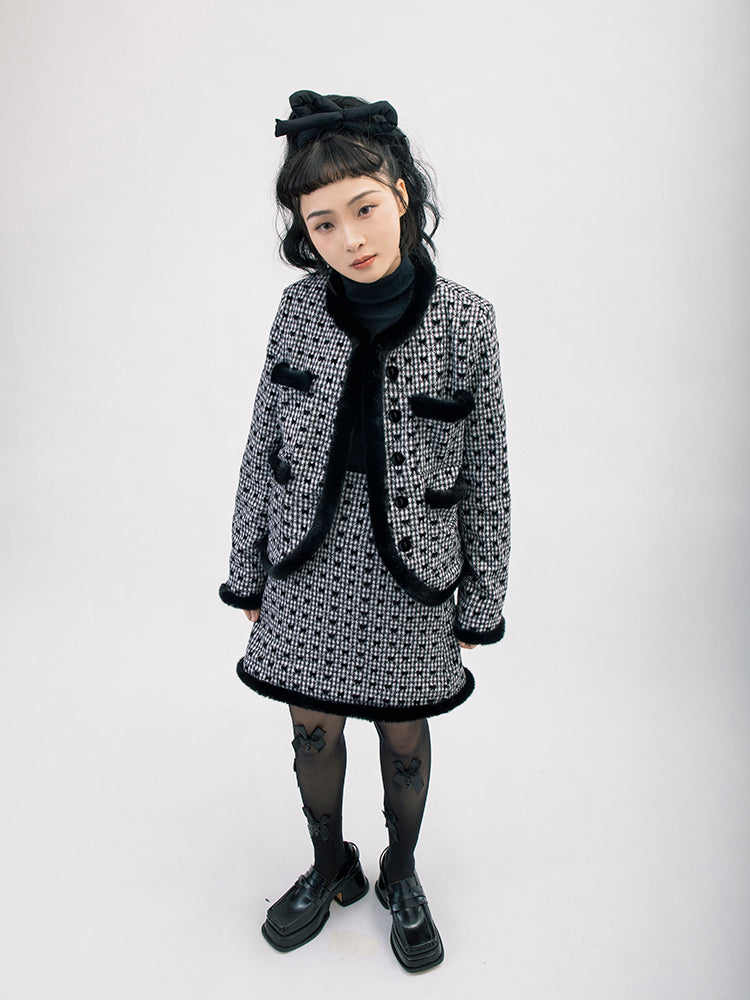 Wool Fur Ribbon Girly Suit Jacket & Skirt