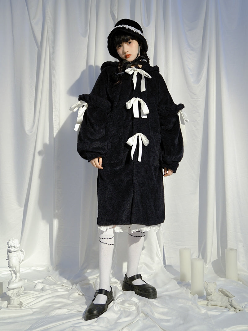 토끼 이어 보아 귀여운 리본 코트