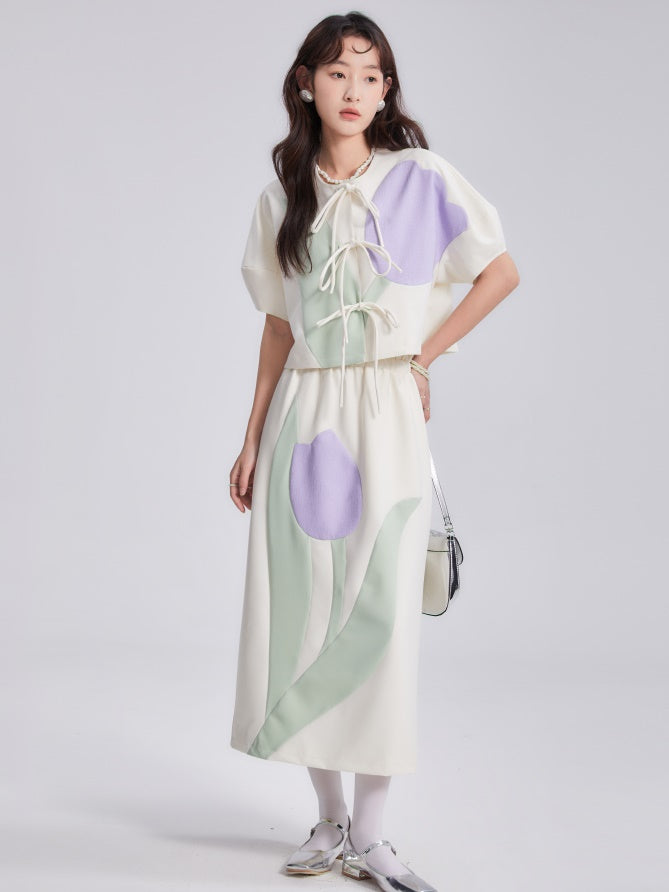 Tulip Bow Short-Sleeed Top & Skirt