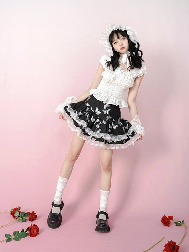 자카드 레이스 퍼프 스커트