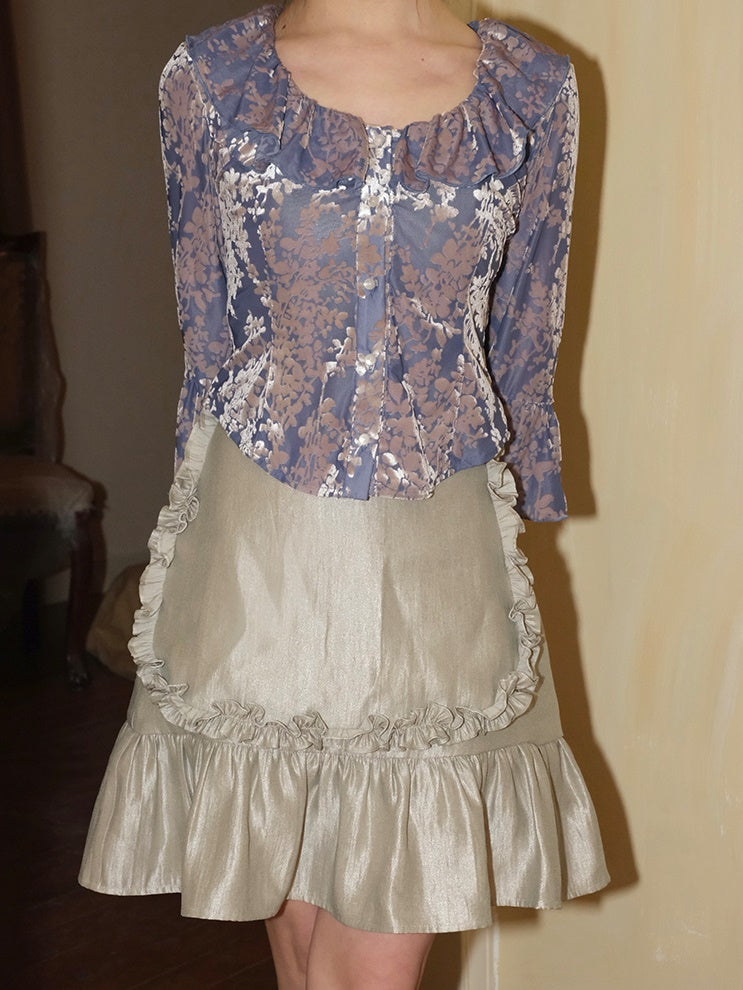 플로럴 프릴 칼라 혼 슬리브 상단