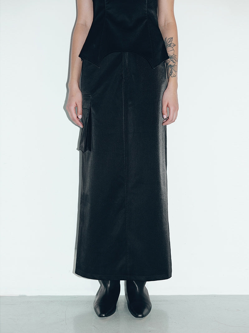 Denim Leather Straight Long Skirt