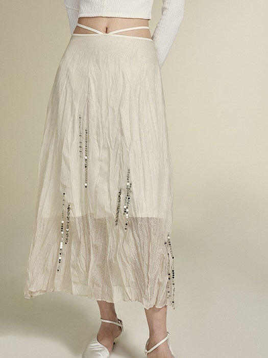 Silver Chain Decoration Sheer Wrinkled Skirt