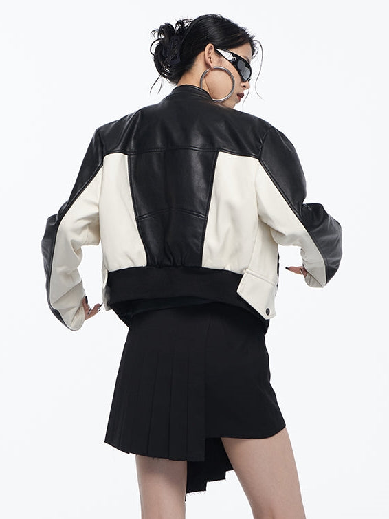 Contrast Color Stand Collar Short Leather Jacket