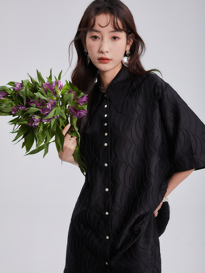 Satin Fish Scale Wrinkle Loose Shirt & Skirt