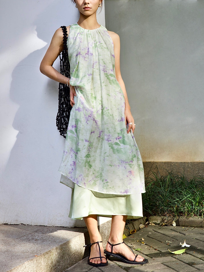 Print Sleevels PLEATED VEST Dress