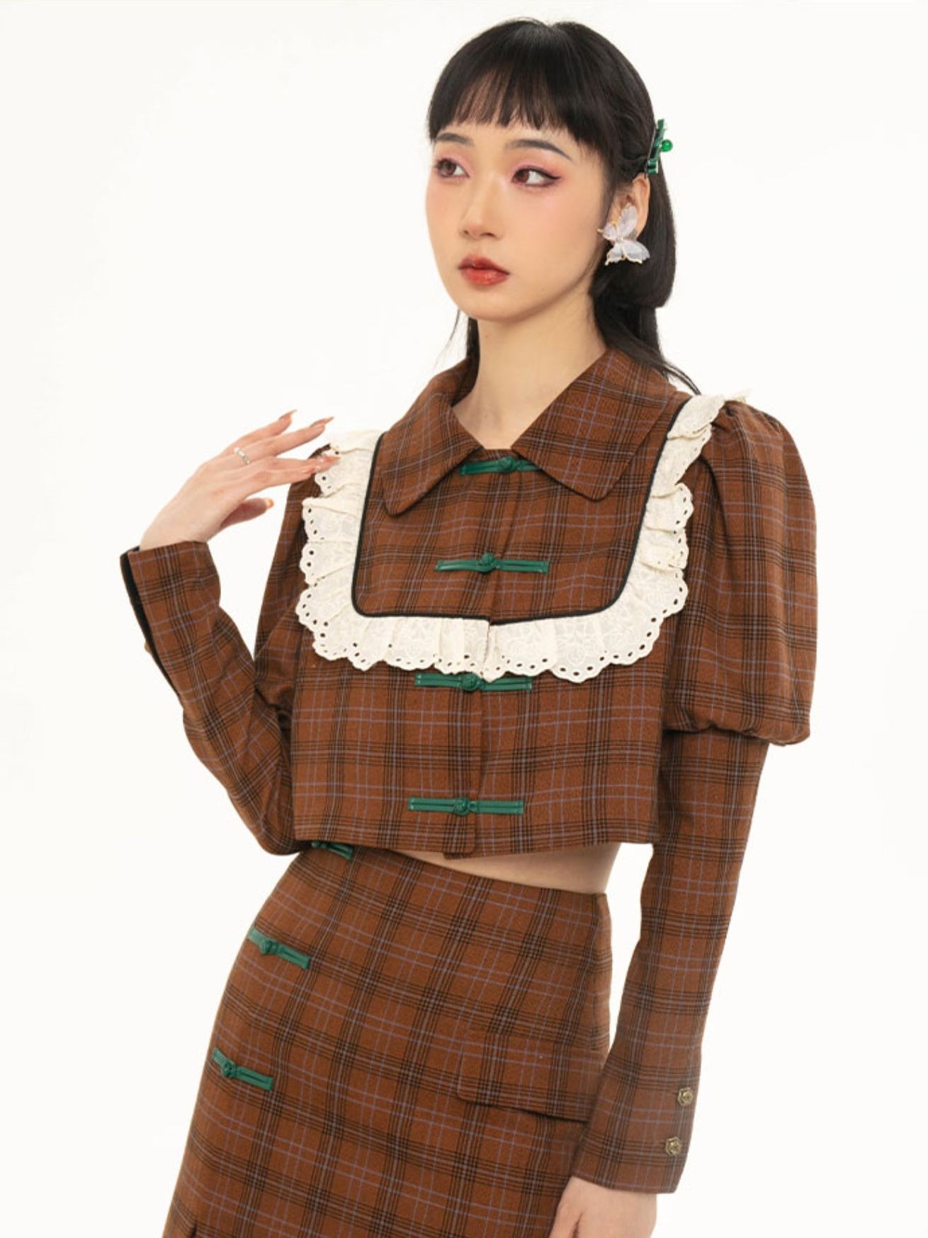 중국 버클 격자 무늬 짧은 재킷 및 스커트