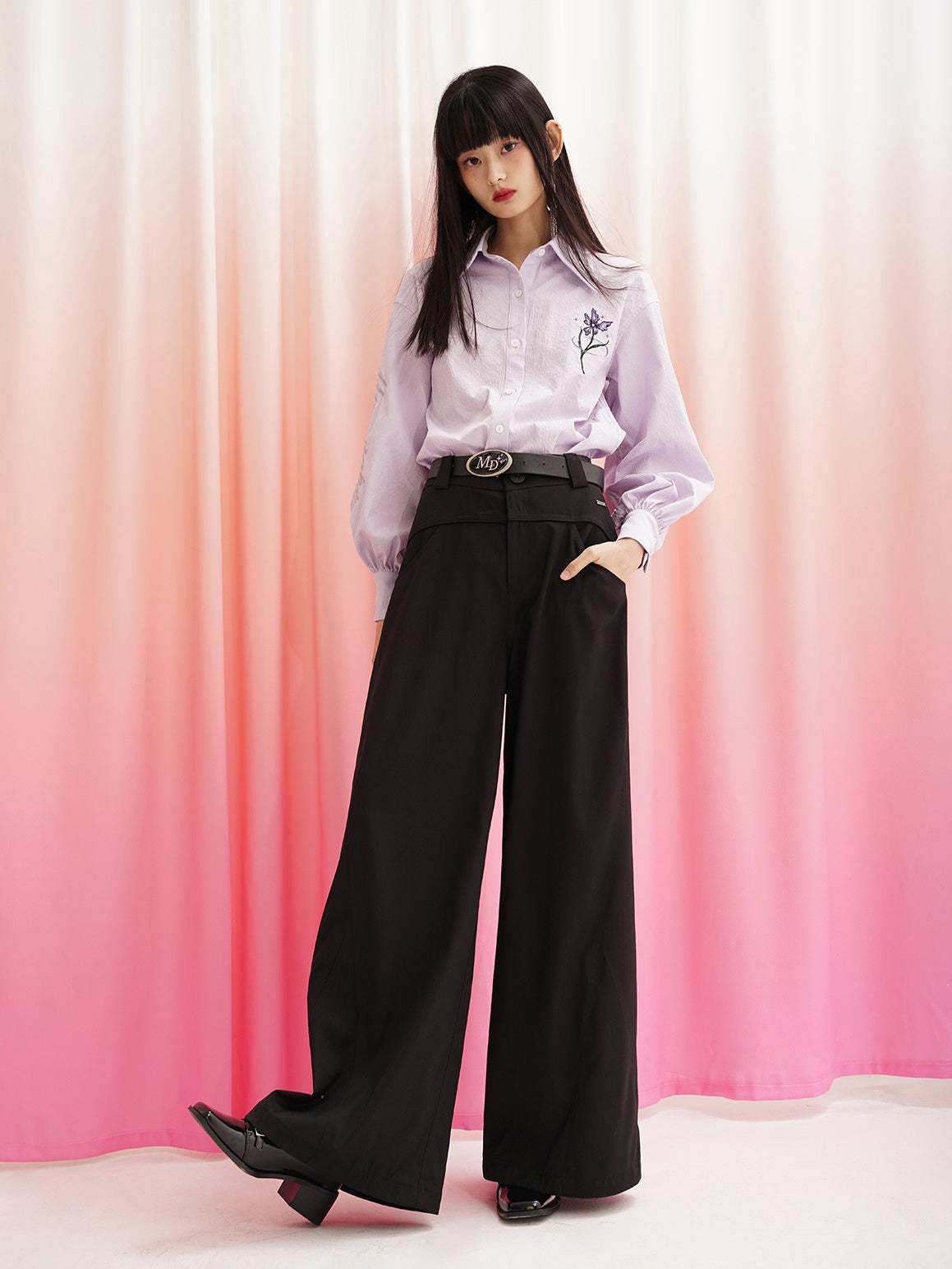 높은 허리 드레이프 넓은 다리 바지