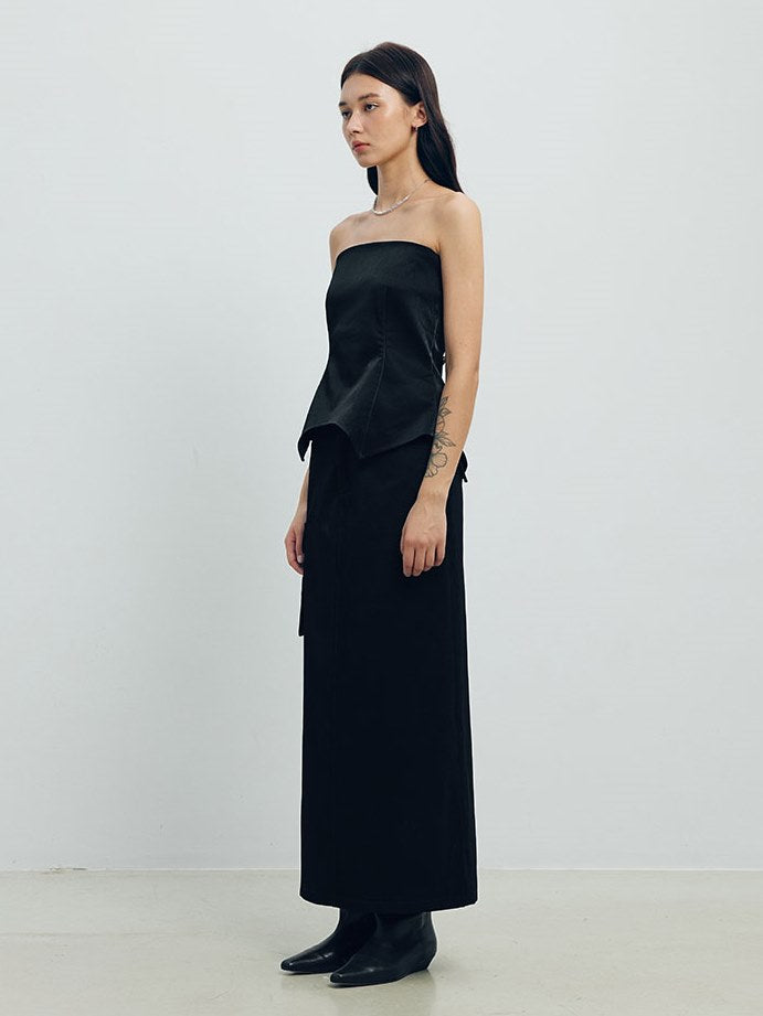 Denim Leather Straight Long Skirt