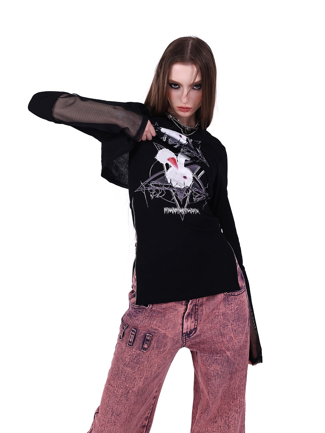Rock Rabbit Stitching Mesh T-Shirt & Camisole Set