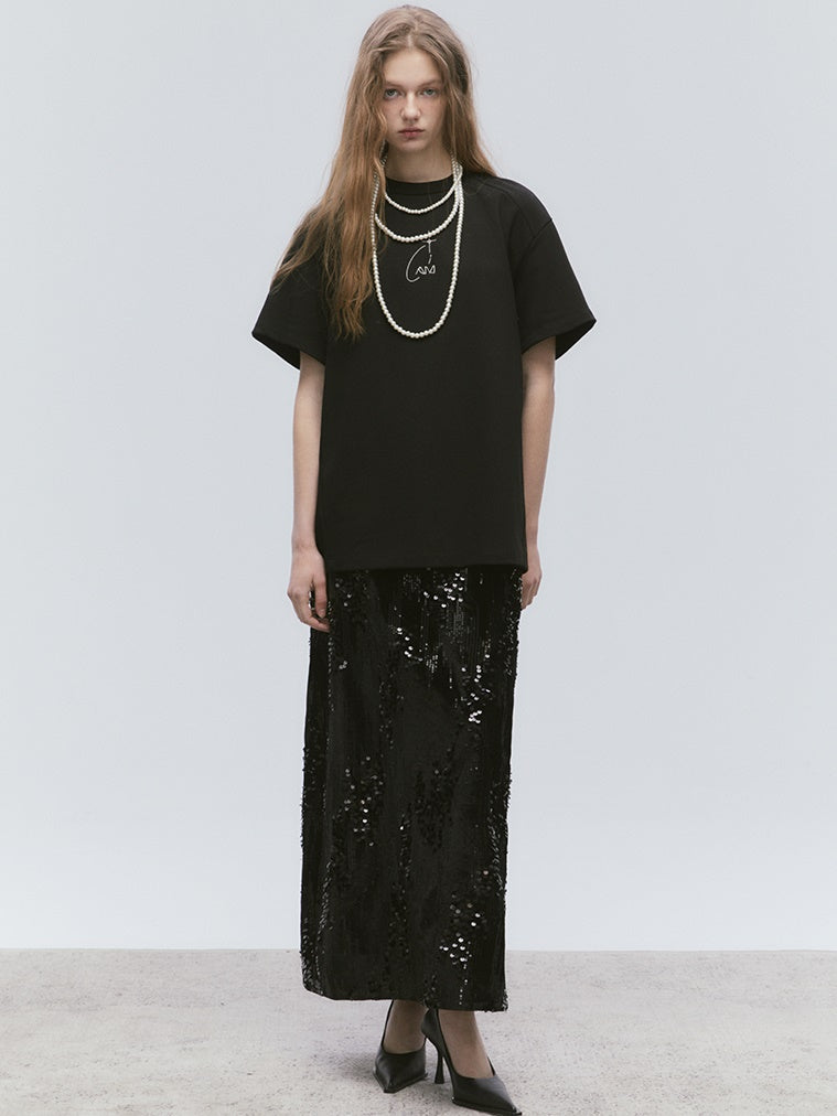 영어 자수 둥근 목 티셔츠