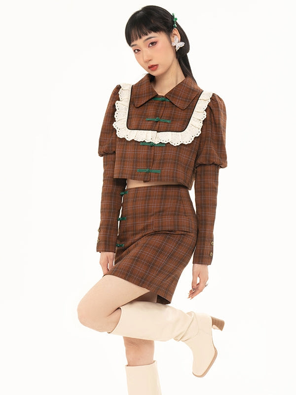 중국 버클 격자 무늬 짧은 재킷 및 스커트
