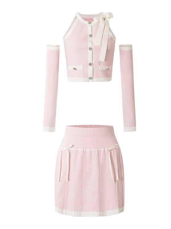Contrast Color Sleeveress Knitted Top & PLEATED SKIRT & SLEEVE