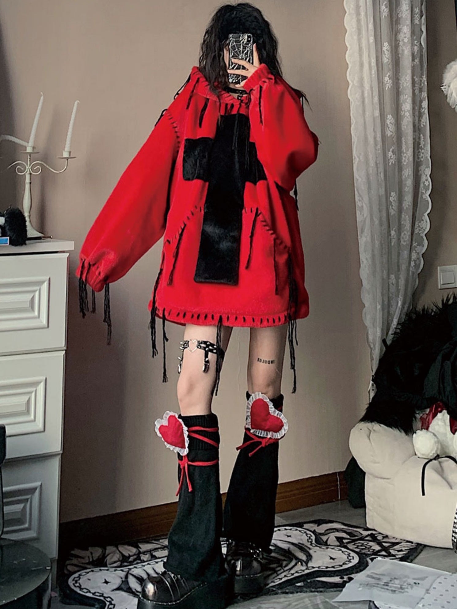 모방 모피 후드 풀 오버