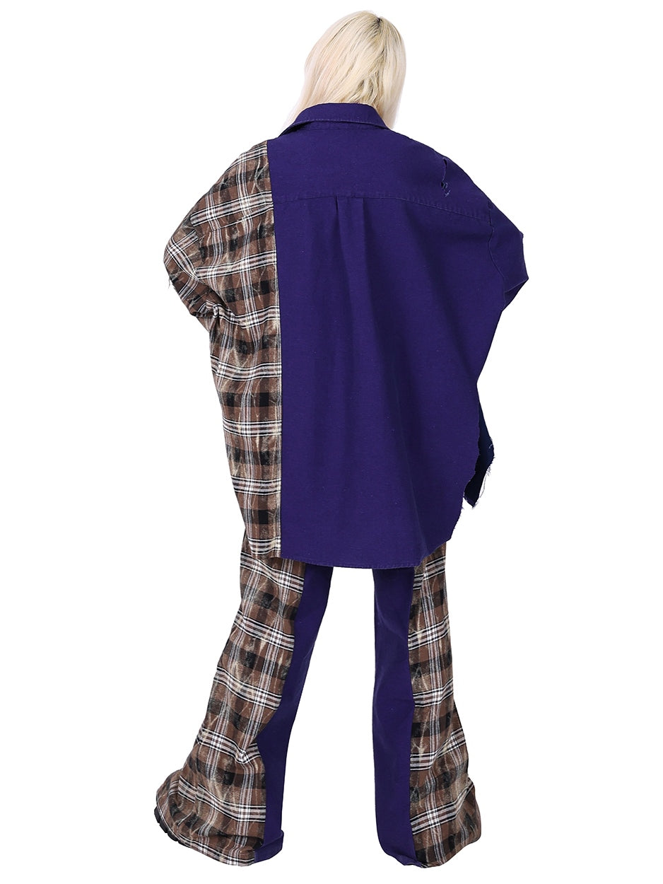 스티칭 격자 무늬 슈퍼 컷 느슨한 셔츠