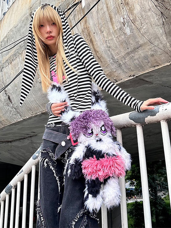 Skull Print Rabbit Ears Striped Top