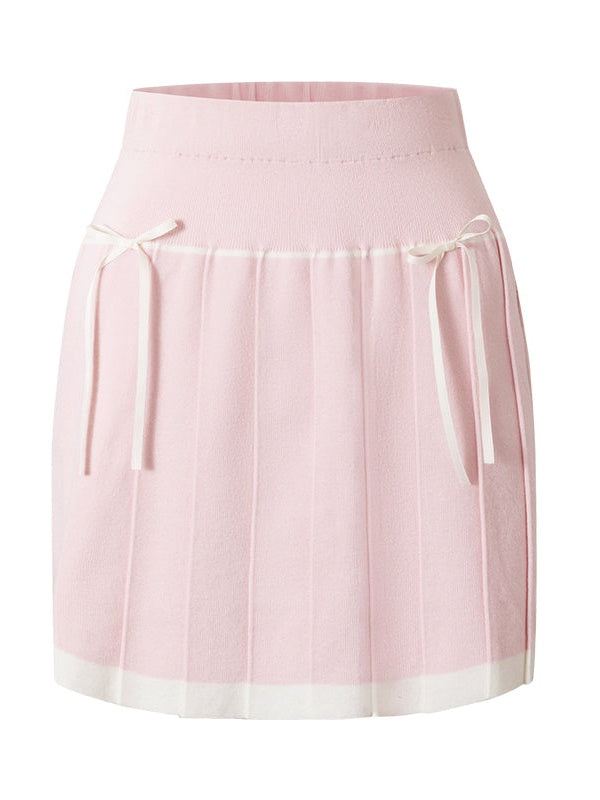 Contrast Color Sleeveress Knitted Top & PLEATED SKIRT & SLEEVE