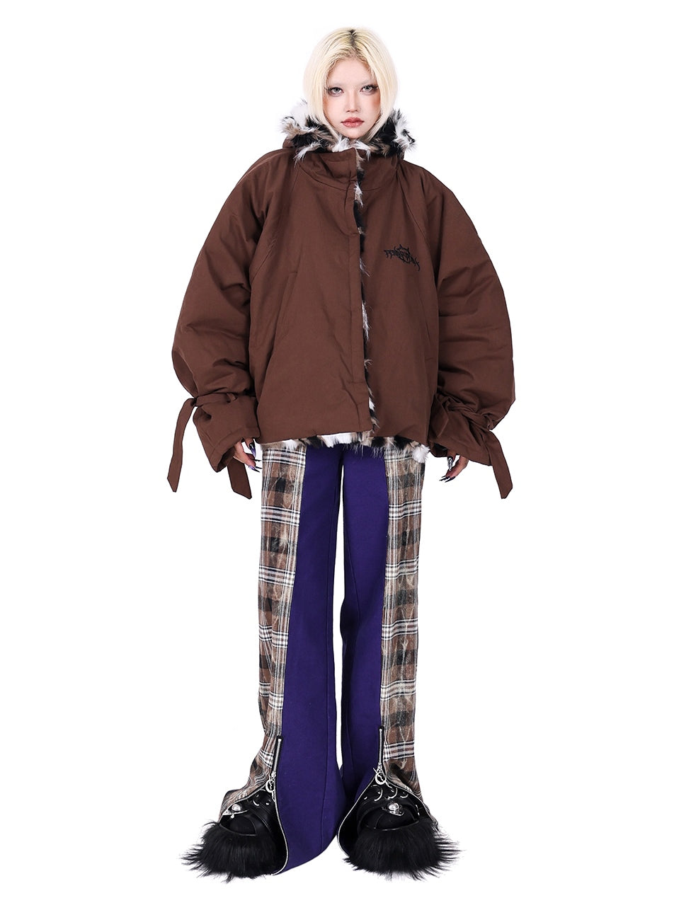 Zipper Stitching Plaid Wide-Leg Pants