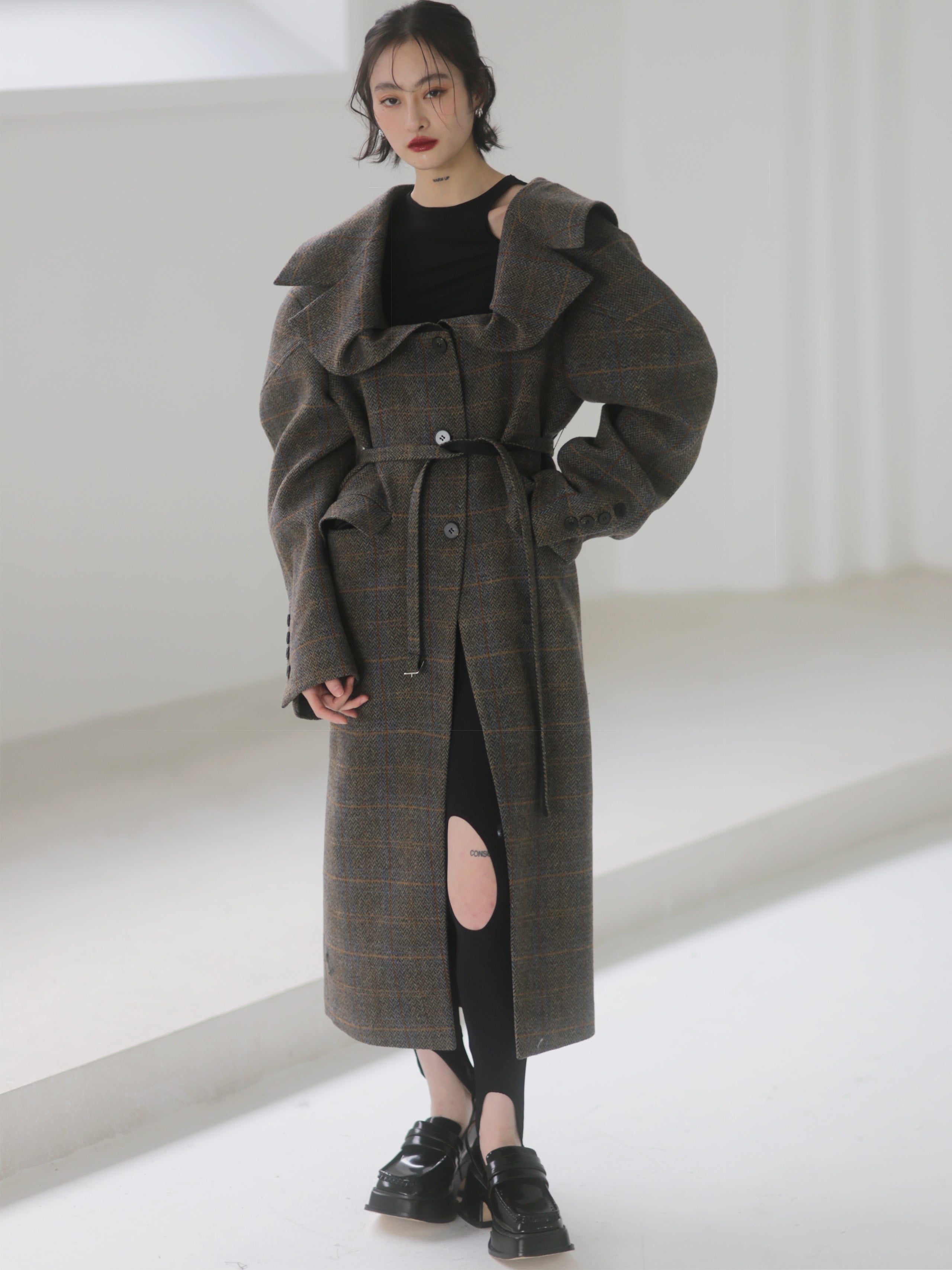 THREE-DIMENSIONAL GENEROUS COLLAR PLAID WOOL LONG COAT
