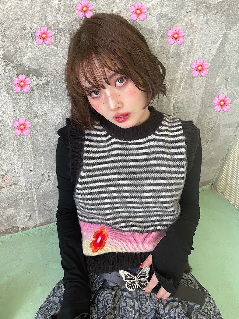 Striped Niche Flower Embroidery Vest dont bite eyes ARCANA ARCHIVE